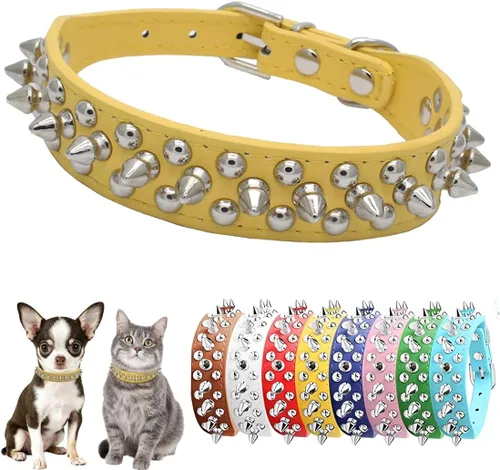 Vista 9 de Collar de perro con púas para perros pequeños, a prueba de masticación, collar de púas para perros y gatos, de piel sintética, con remaches