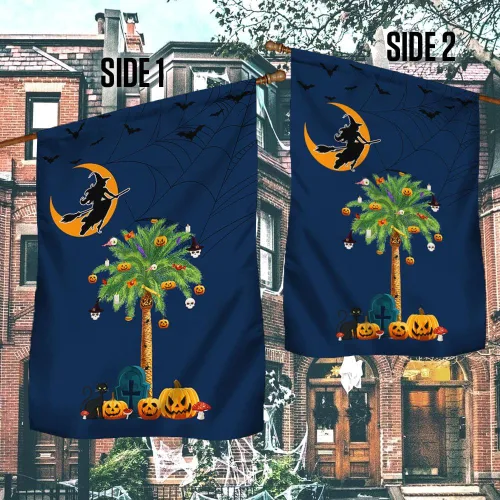 Vista 2 de Bandera de brujería de Halloween de Carolina del Sur, calabazas, palmeras, Carolina del Sur, bandera de jardín de Halloween