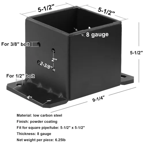 Vista 3 de 2 PCS Bases para Postes de 6x6, Soportes para Postes de 6x6 Calibre 8, Anclaje para Postes de Concreto Resistente Soporte de Pérgola para Terraza