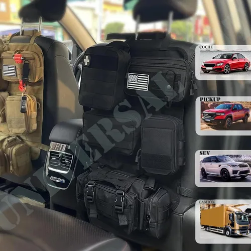 Vista 2 de Pack de 6 organizadores tácticos Molle para respaldo de asiento de coche - Organizador táctico de panel para vehículo con 5 bolsas Molle