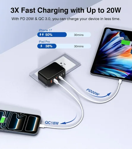 Vista 3 de Bloque de Carga Rápida, Cubo de Estación de Carga GaN de 6 Puertos USB C, Cargador de Pared de 100W de Tipo C de Múltiples Puertos con Enchufe