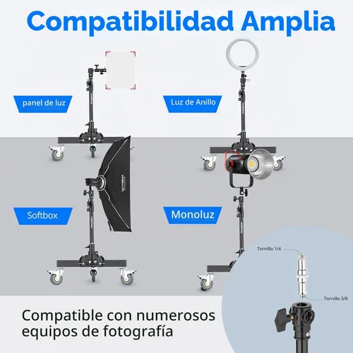 Vista 2 de AMBITFUL Soporte de luz de fotografía con ruedas de 21-31.9 pulgadas con altura ajustable, diseño plegable y 3 ruedas de bloqueo para disparos