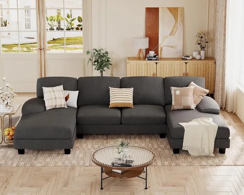 Vista 12 de JUMMICO Sofás Seccionales para Sala de Estar, Sofá en Forma de U con Tela de Chenilla, Sofá Moderno de 4 Asientos con Almohadas Removibles