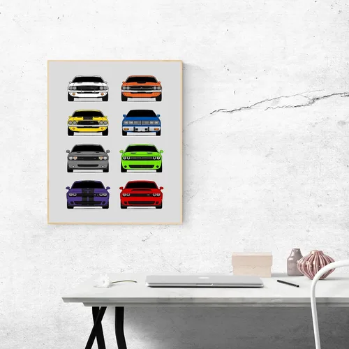 Vista 3 de Custom Car Posters Póster hecho a mano compatible con Dodge Challenger Generations e impresión de Challenger SRT, multicolor, impresión metálica