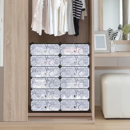Vista 6 de COSTWAY Organizador de zapatos, estantes de zapatos de 6 niveles con cubiertas, diseño de bricolaje, 24 pares de cajas organizadoras de cubos Negro
