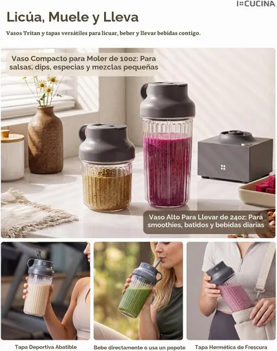 Vista 6 de iCucina Cubetto - Licuadora personal compacta de 1000 W y herramienta aromática, mezcladora minimalista para bebidas congeladas, batidos y batidos