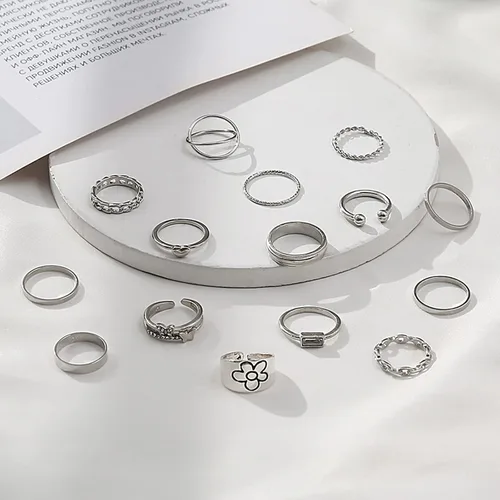 Vista 6 de Juego de 15 anillos bohemios para mujer, anillos de cristal con gemas, conjuntos de anillos de nudo para adolescentes, fiestas, joyería fesvital