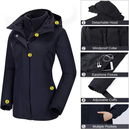 Vista 5 de CAMELSPORTS Chaquetas de esquí impermeables para mujer, abrigo de nieve 3 en 1, chaquetas de snowboard cálidas de invierno, Nieve