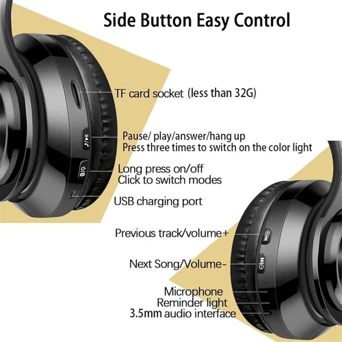 Vista 3 de Auriculares Bluetooth sobre la oreja, auriculares inalámbricos con reducción de ruido y micrófono/bajo profundo, auriculares LED plegables y ligeros