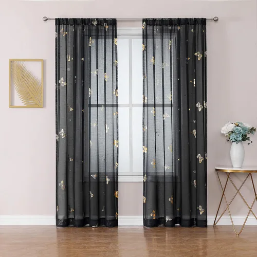 Vista 10 de Jubilantex Paneles de cortinas transparentes de mariposas negras y doradas de 52 pulgadas de ancho para dormitorio de niñas, elegantes cortinas