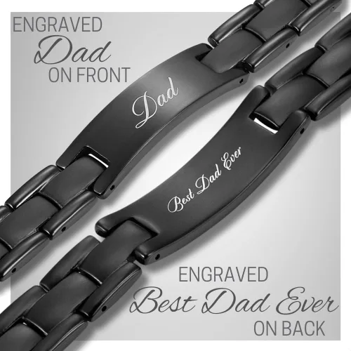 Vista 2 de Willis Judd Pulsera de titanio negra con la frase "Best dad ever" para PAPá, grabada, ajustable y caja de regalos incluida