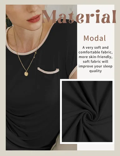 Vista 5 de Ekouaer - Vestido de dormir de mujer, camisón de manga corta con parches de satén, con bolsillos