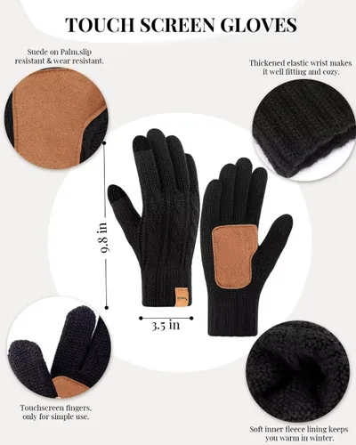 Vista 3 de Conjunto de gorro, bufanda y guantes de invierno para mujer, gorro con forro polar con doble pompón, guantes para pantalla táctil, bufanda de punto