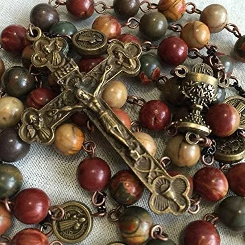 Vista 2 de elegantmedical Collar de cruz de regalo de rosario católico hecho a mano con 5 cuentas de piedra picasso para la primera comunión, elegantmedical
