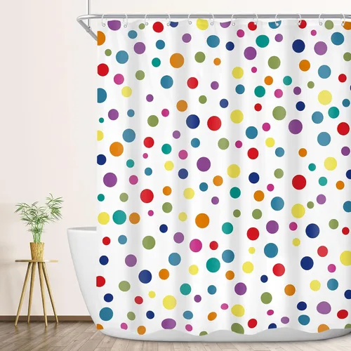 Vista 2 de Cortina de ducha colorida de lunares de 60 pulgadas de ancho x 72 pulgadas de alto, para niños, diseño de arco iris, linda geometría
