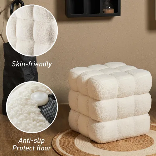 Vista 14 de Otomana cuadrada de sherpa blanca – Puf grande de 17.3 pulgadas con marco de madera resistente, 330 libras de capacidad, moderno taburete de tocador