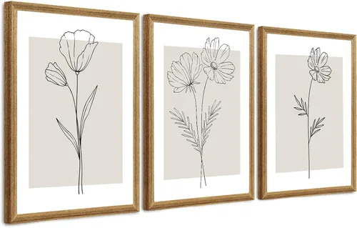 Vista 10 de ICHZUMW Arte de pared floral botánico neutro, decoración de pared de flores de granja en blanco y negro, impresiones en lienzo de arte lineal