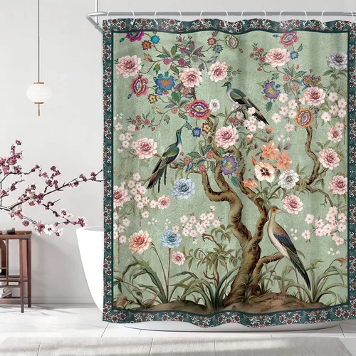Vista 15 de Cortina de ducha floral roja para baño, 60 pulgadas de ancho x 72 pulgadas de largo, flor de cerezo, ciruela, estética asiática, japonesa, acuarela