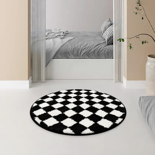 Vista 7 de Alfombras redondas a cuadros para baño, lavables a máquina, negras y blancas de 2 pies, alfombrilla de baño antideslizante y absorbente, alfombra