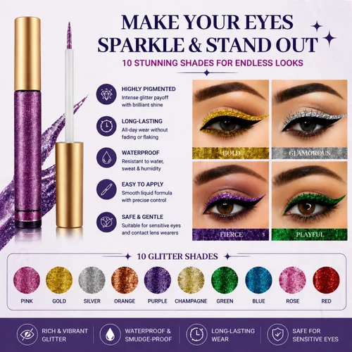 Vista 3 de BestLand - Delineador de ojos con purpurina líquida, 10 colores metálicos brillantes con purpurina, sombra de ojos pigmentada, brillo para cejas
