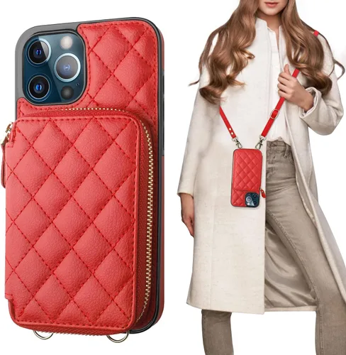 Vista 10 de Bocasal Funda tipo cartera cruzada para iPhone 12 Pro Max, con bloqueo RFID, de piel sintética, con cremallera, funda tipo cartera con función atril