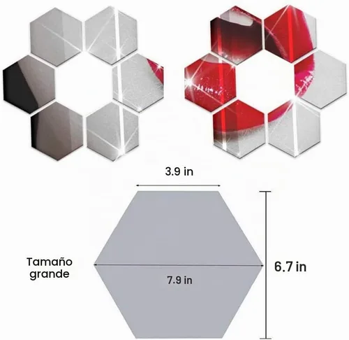 Vista 4 de Pegatinas de pared de espejo sin espejo de cristal, espejo de plástico, 3D, hexagonal, acrílico, decoración de pared, azulejos autoadhesivos