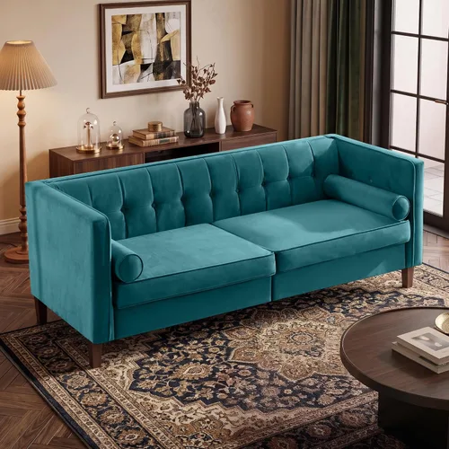 Vista 16 de Sofá de terciopelo de 78 pulgadas, sofá de 3 plazas con almohadas de refuerzo, diseño copetudo con botones Azul