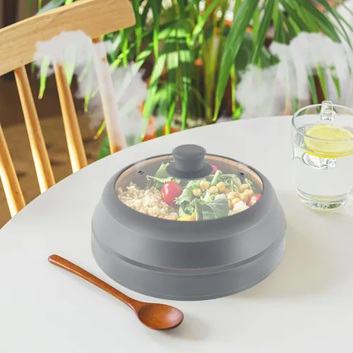 Vista 7 de Cubierta de salpicaduras de microondas para alimentos, cubierta de microondas de vidrio de 10.5 pulgadas con borde de silicona plegable, cubierta
