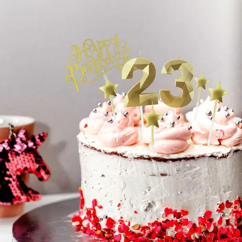 Vista 3 de Velas de cumpleaños doradas con número 20 y velas de estrella de cumpleaños de 7 cm Velas para pastel de cumpleaños en forma de diamante 3D son