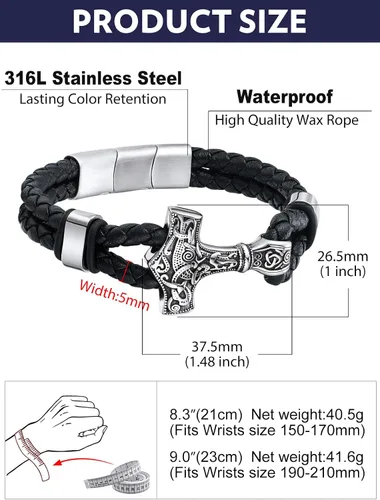 Vista 8 de Bandmax Pulsera trenzada de cuero negro para hombre con colgante gótico punk, pulsera de cuero con hebilla de acero inoxidable, paquete de regalo