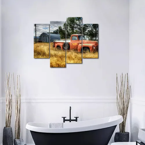 Vista 4 de Arte de pared de camión viejo en rojo y árboles y hierbas secas en campo, decoración de pared, cuadros impresos en lienzo, la imagen para decoración