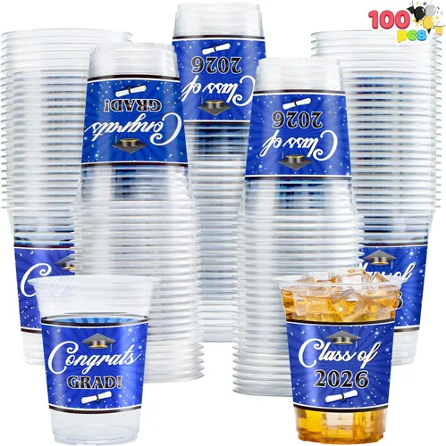 Vista 11 de JOYIN 100 vasos de graduación de 16 onzas para fiestas, juego de vajilla desechable para graduados de clase 2026, taza de PET para escuela