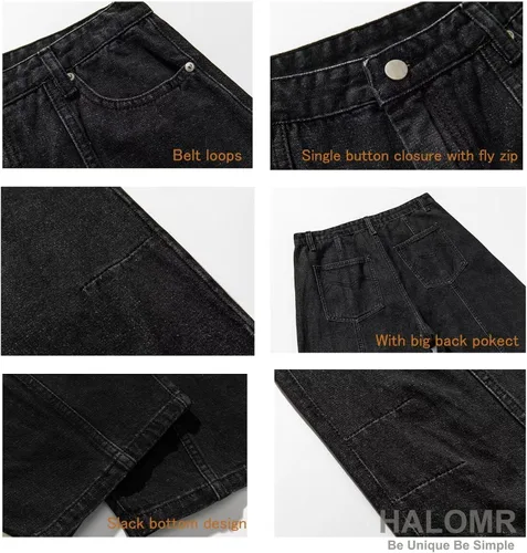 Vista 4 de Pantalones vaqueros de carpintero de ajuste relajado para hombre, pantalones de mezclilla de algodón anchos y grandes Hip Hop