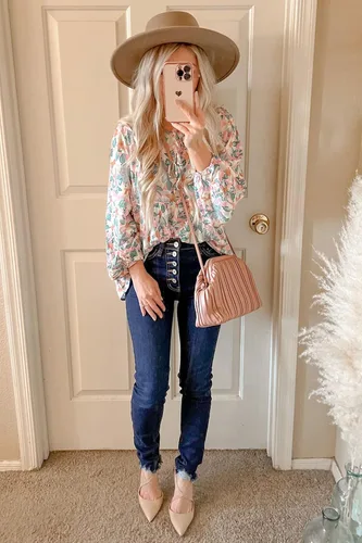 Vista 4 de PRETTYGARDEN Blusa tipo túnica floral con volantes para mujer, cuello en V, casual, manga larga, babydoll peplum