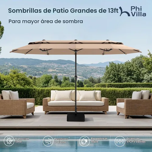 Vista 3 de PHI VILLA Sombrillas para patio al aire libre de 13 pies con base incluida, sombrilla rectangular de doble cara de 2 niveles para exteriores