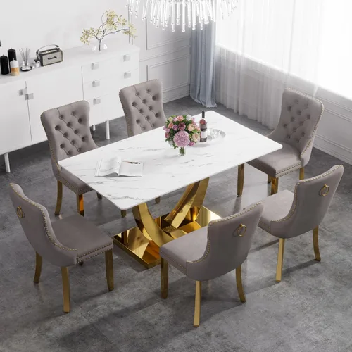Vista 35 de Juego de mesa de comedor de cristal moderno de mediados de siglo para 4, 63 pulgadas, juego de comedor rectangular grande de lujo con parte superior