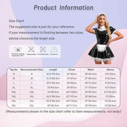 Vista 7 de Vestido de sirvienta de látex francés de manga corta para mujer, disfraz de cosplay con delantal