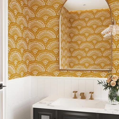 Vista 5 de VEELIKE Papel tapiz geométrico amarillo mostaza para despegar y pegar, papel tapiz geométrico bohemio, extraíble, de 17.7 x 118 pulgadas, apto