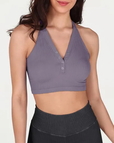 Vista 3 de ODODOS Paquete de 2 camisetas cortas sin costuras Henley para mujer, con espalda abierta, acanalada, con botones