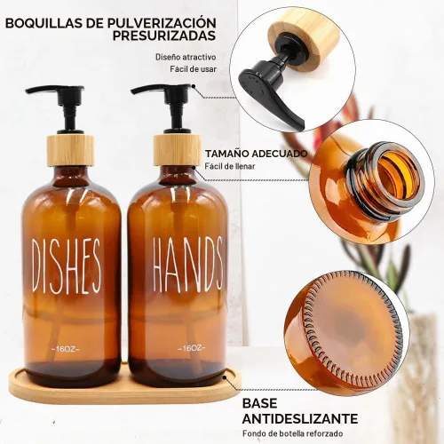 Vista 5 de Dispensador de jabón de vidrio ámbar de 16 onzas con bandeja de bambú, reutilizable para jabón de manos y platos, decoración de granja para cocina