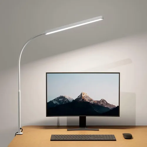 Vista 8 de SUPERDANNY - Lámpara de escritorio LED para el cuidado de los ojos con base de cuello de cisne flexible de 360°, lámpara de trabajo con control