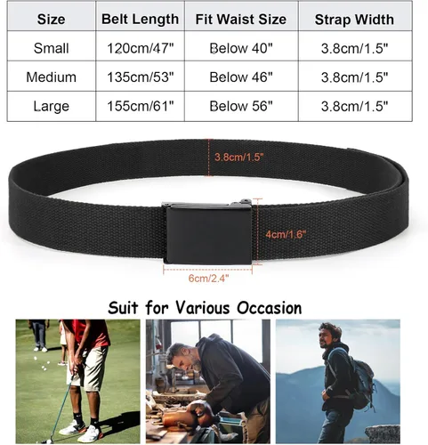 Vista 6 de WHIPPY Cinturón de tela con hebilla militar de color negro sólido, tapa abatible, totalmente ajustable, para hombre, con corte a medida