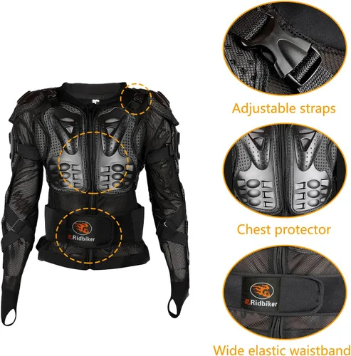 Vista 2 de Ridbiker Chaqueta protectora de motocicleta, rodilleras ajustables de 3 secciones, 1 par, protector de pecho de columna vertebral con protección