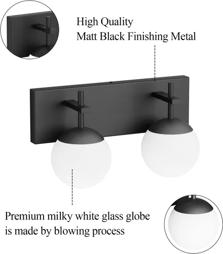 Vista 5 de Ralbay Lámpara de pared de baño negra mate, 2 luces, iluminación moderna de mediados de siglo, luz de tocador de globo de vidrio lechoso negro
