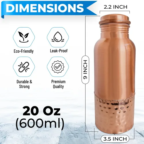 Vista 3 de A American Ayurveda - Botella de agua de cobre 100% puro, 20 onzas, sin articulaciones, a prueba de fugas, vaso, frasco, yoga, beneficios