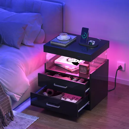 Vista 7 de WelFurGeer Mesita de noche de alto brillo, mesita de noche LED negra con estación de carga, mesita de noche con cajones, mesitas de noche modernas