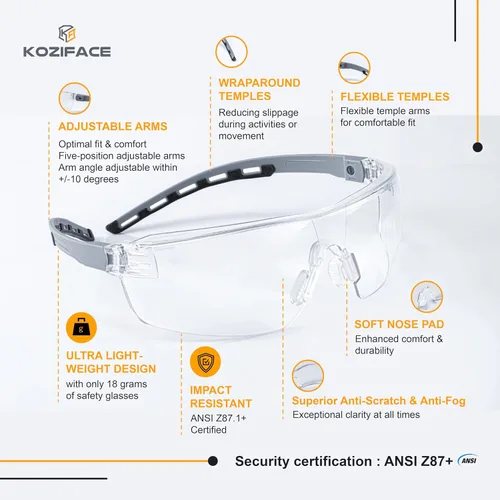 Vista 2 de KOZIFACE A18 - Lentes de seguridad para hombres y mujeres, ligeros, color gris y negro, marco ajustable flexible, elegante, protección antivaho