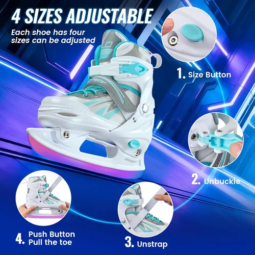 Vista 2 de Patines de hielo ajustables para niños, niñas y niños, 4 tamaños ajustables para principiantes, patines de hockey sobre hielo para jóvenes