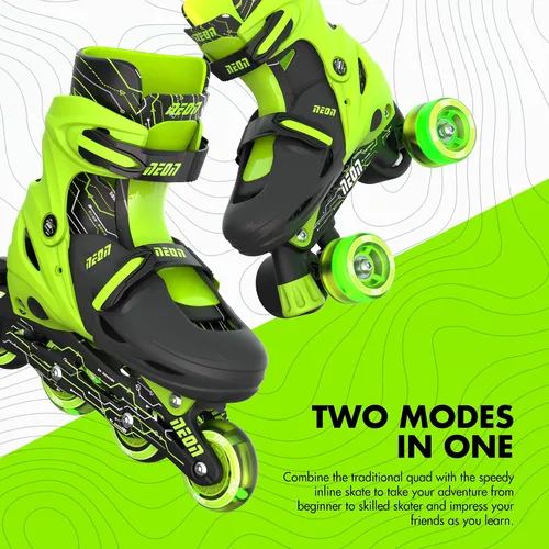 Vista 3 de Yvolution Patines combinados de neón, patines 2-1 cuádruple y en línea para niños con ruedas LED, tamaño ajustable (verde, 3 a 6)