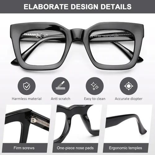 Vista 5 de AQWANO Elegantes anteojos de lectura cuadrados de gran tamaño para hombres y mujeres, diseño de moda, lectores de marco grande, lentes